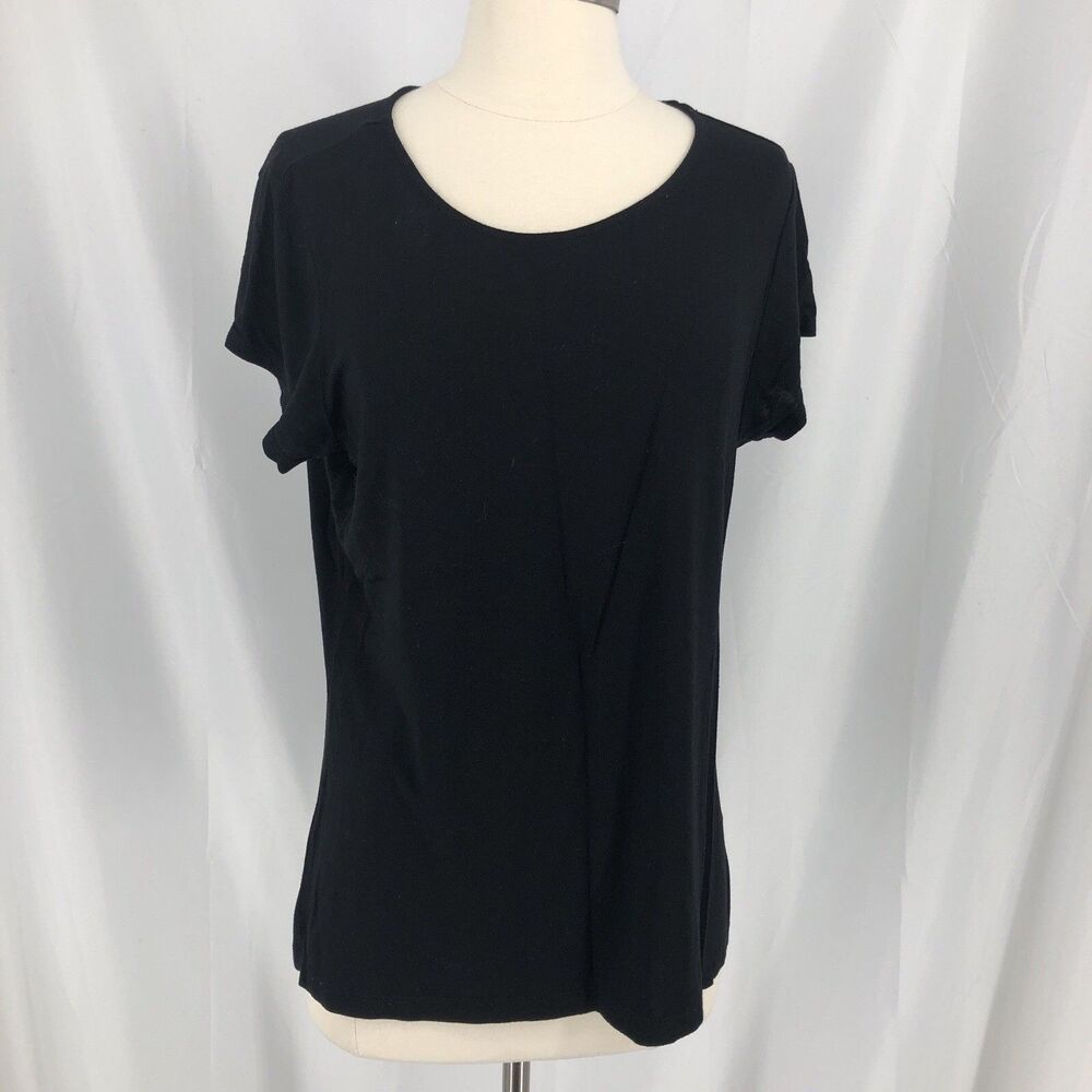 T Tahari Shirt Womens Large Black Stretch Tee Short Sleeve Top